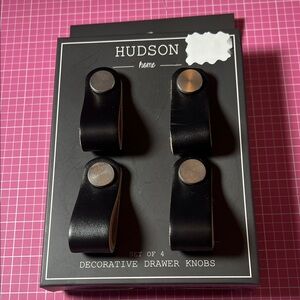 Hudson Jeans Black Leather Loop Drawer Knobs with Metal Accents - Set of 4